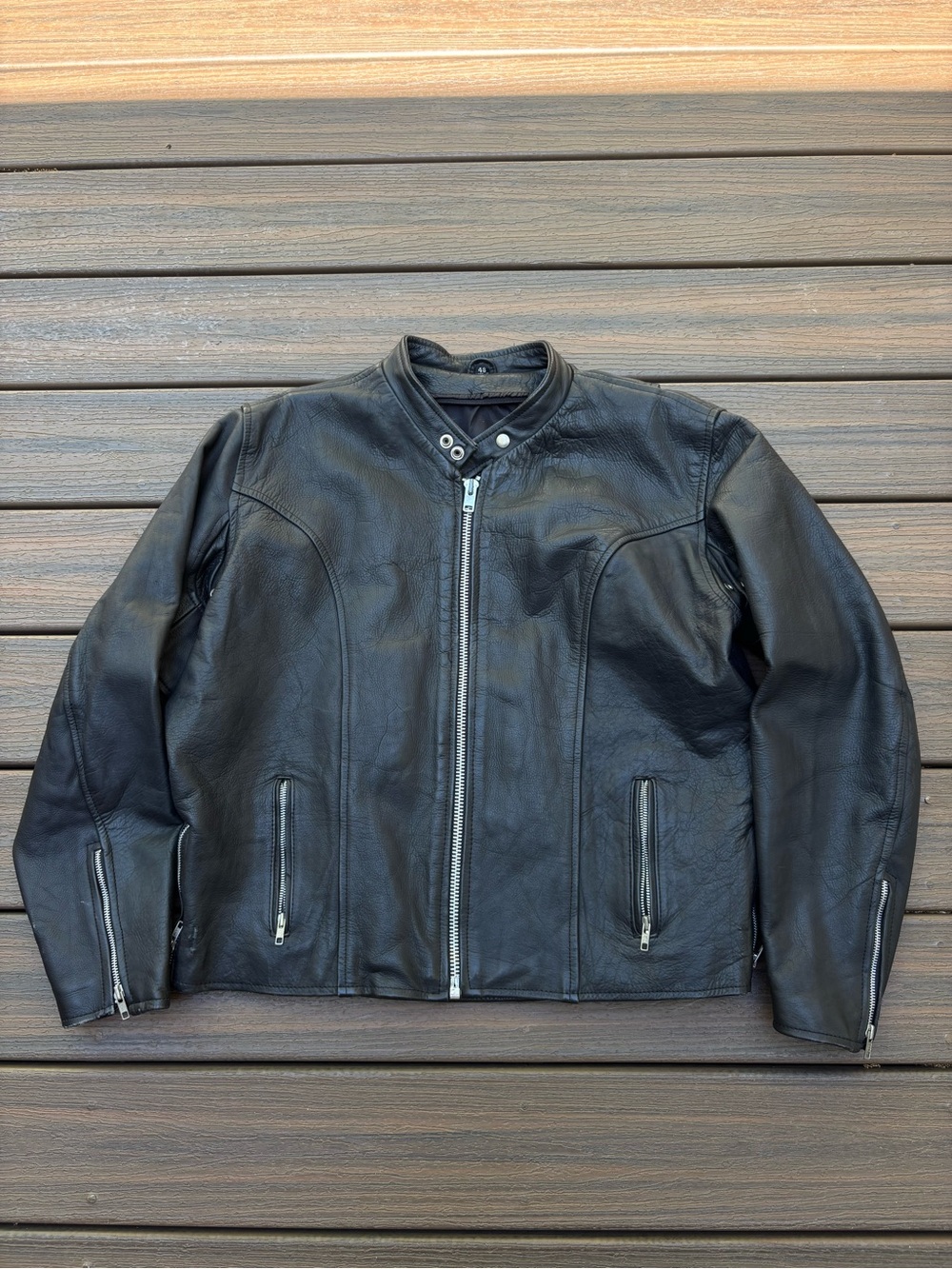 Cafe Racer Black Leather Biker Full Zip Jacket Mens 48 XL